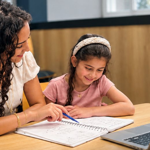 Een leerling werkt lachend aan haar schoolwerk, naast haar begeleider.