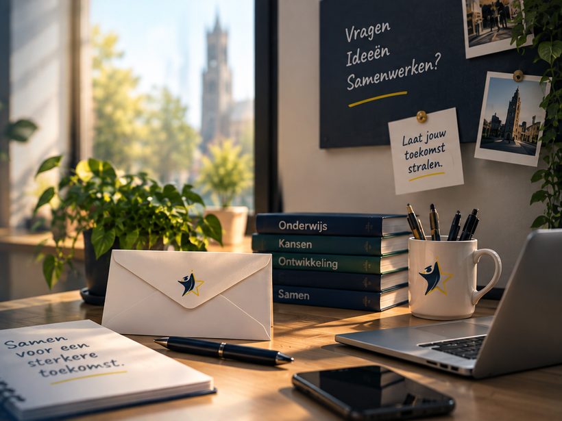Een werktafel met een envelop, een schrift met „Samen voor een sterkere toekomst” en een prikbord met de vragen „Vragen, ideeën, samenwerken?”.